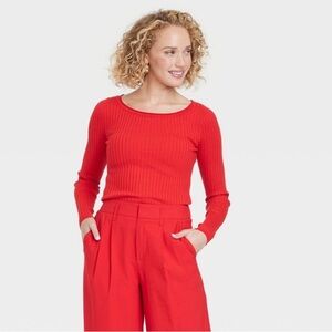 A New Day Fine Gauge Ribbed Boat Neck Pullover Sweater Red